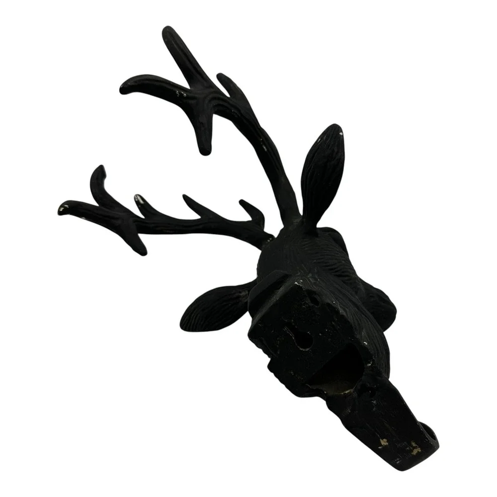 Vtg Matte Black Brass Trophy Deer Buck Stag Head Antler Coat Hook Rack 11
